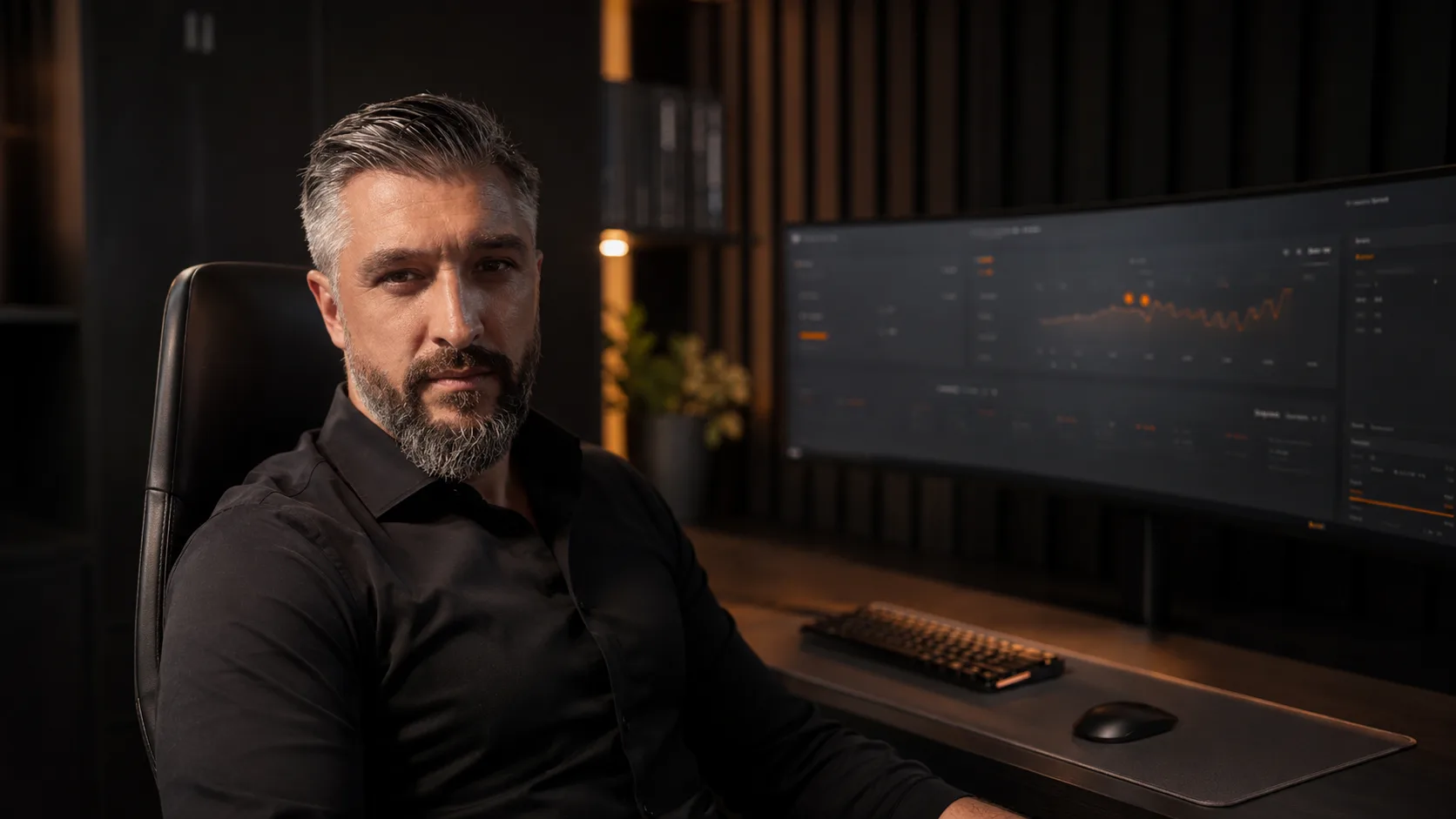 Max Karastelev, KI-Integrator, konzentriert an seinem Arbeitsplatz vor dunklen Bildschirmen mit orangem Akzentlicht