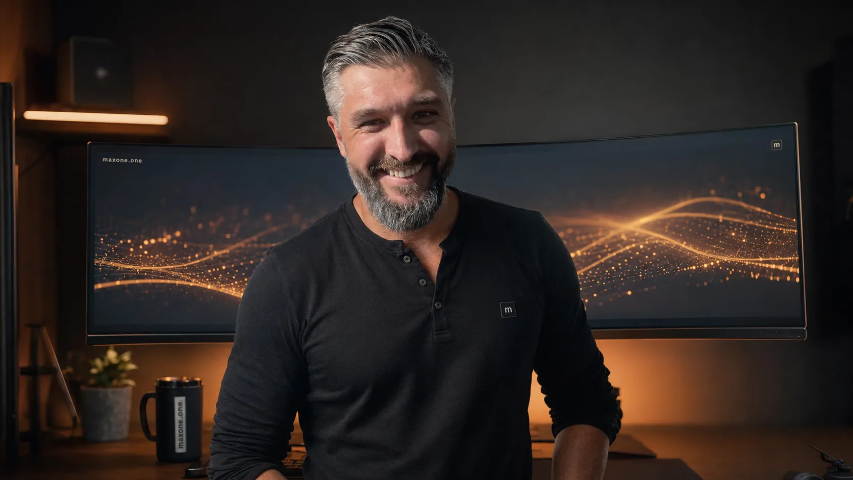 Max Karastelev konzentriert am ultrawide Monitor mit Live-Dashboard, KI-Arbeit