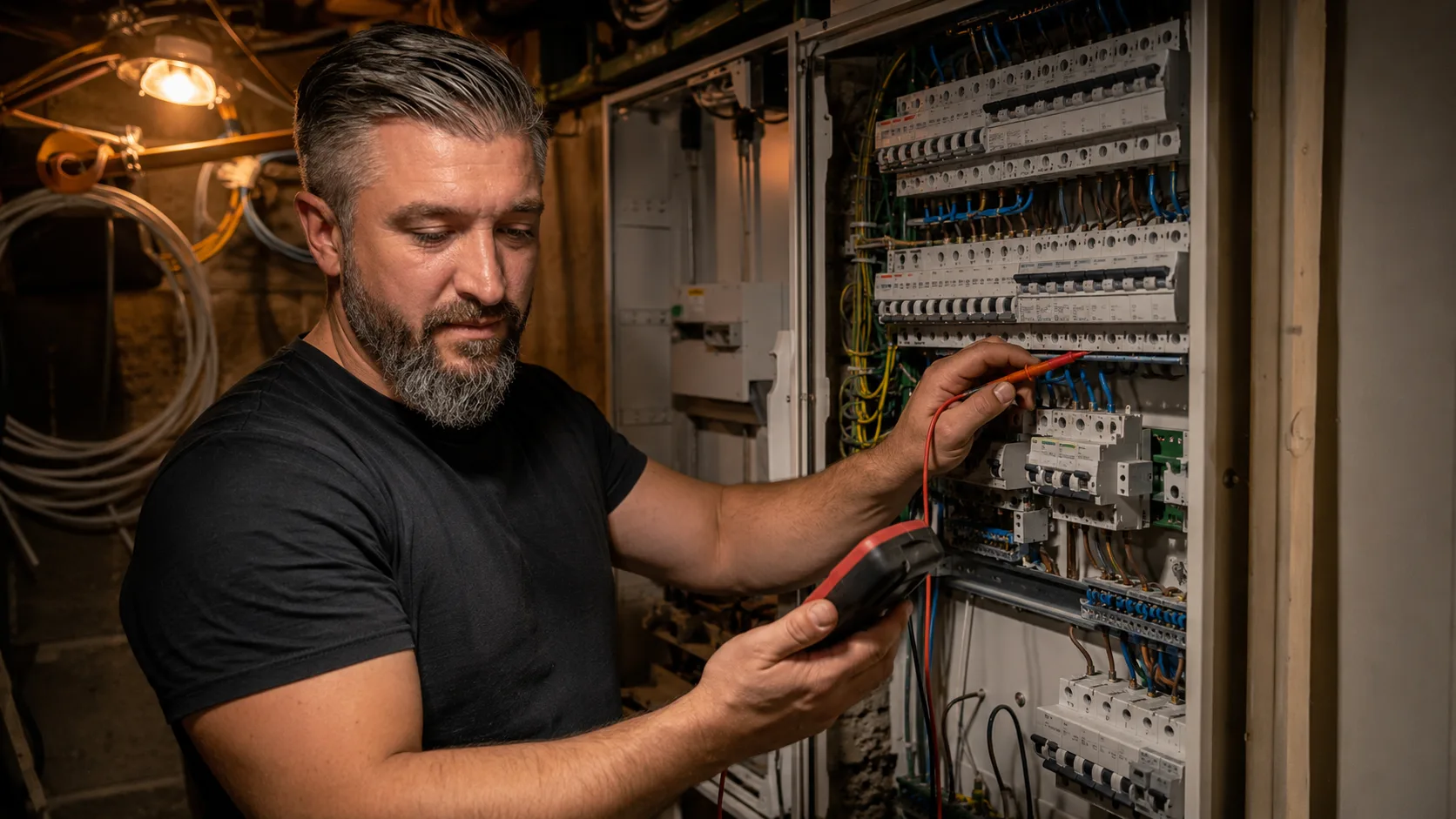 Max Karastelev an einer Unterverteilung mit Multimeter, Elektroniker für Energie- und Gebäudetechnik